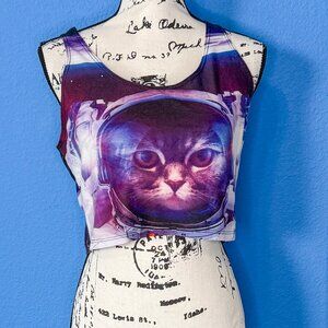 Purple Space Cat Soft Crop top Size L Fun Tee-Shirt
